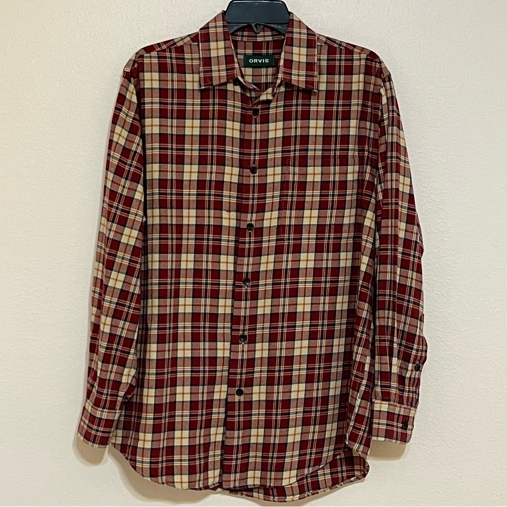Orvis Plaid Autumn Flannel Long Sleeve Button Up Shirt Cotton/Wool Blend